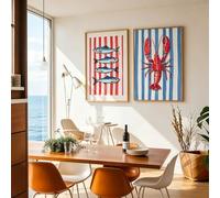 JORCEDI Set of 2 Posters, Abstract Geometric Lobsters and Fish Canvas Prints, Light Blue and White Stripes, Canvas Print, Poster, and Print for the Kitchen and Dining Room, Unframed (40x50cm)