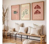 JORCEDI Set of 3 Posters, Coffee Croissants Brunch Quotes Canvas Prints, Vintage French Kitchen Food Wall Art Poster Corresponding Pictures, Ohne Rahmen (40x50cm)