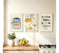 JORCEDI Set of 3 Retro Sardine Wall Art, Kitchen and Dining Room Art Prints, Vintage Fish, Lemon, and Wine Posters, Unframed Canvas Prints for Kitchen Wall Decor (ACD,30x40cm)