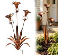 JORCEDI Three Calla Lilies Garden Stake, Flamed Copper Bell Wind Chime, Handmade 24in Rustic Floral Sculpture, Outdoor Yard Art Decoration, Thoughtful Gift for Gardening Enthusiasts