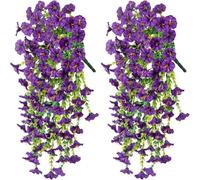 JORCEDI UV Resistant Hanging Artificial Morning Glory Vine for Outdoor Indoor Decor DIY Balcony Garden Fence Wedding Decoration (Purple,6 Pack - Extra Full Coverage)