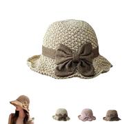 JORCEDI Versatile Retro Woven Handmade Straw Hat with Ruffled Bow, Women Summer Wide Brim Beach Sun Hat Breathable Travel Beach (Beige)