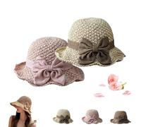JORCEDI Versatile Retro Woven Handmade Straw Hat with Ruffled Bow, Women Summer Wide Brim Beach Sun Hat Breathable Travel Beach (A-2PCS)