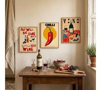 JORCEDI Wine & Chilli Canvas Wall Art Set of 3 Unframed Italian Modern Retro Kitchen Prints Vino Dining Room Wall Decor for Kitchen Bar Cafe Home (30 x 40 cm)