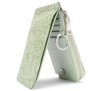 JORCEDI Women's Floral Embossed PU Leather Wallet, Slim Bifold Credit Card Holder with Keychain, Small Zipper Coin Purse with Multi Card Case for Ladies (Green,9cm*2cm*14cm)