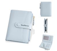 JORCEDI Women's PU Leather Short Wallet, Bifold Card Holder Purse with Zipper Pocket, High Capacity Cash Organizer for Ladies (Light Blue)