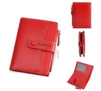 JORCEDI Women's PU Leather Short Wallet, Bifold Card Holder Purse with Zipper Pocket, High Capacity Cash Organizer for Ladies (Red)