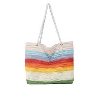JORCEDI Women's Rainbow Striped Straw Beach Tote Bag, Large Summer Shoulder Bag with Zipper, Breathable Crochet Woven Handbag for Holiday, Vacation, Pool, and Daily Use (Style 2,36cm*9cm*34cm)