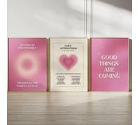 JORCEDI Y2K Pink Aura Canvas Wall Art Set of 3, Daily Affirmation Gradient Heart Posters Prints, Preppy Aesthetic Girls Room Decor, 21x30-50x70cm, Unframed (30x40 cm,A)