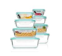 JORDAN&JUDY Rectangular High Borosilicate Glass Food Storage Container 8-Piece Set, Detachable, 150ml*1+200ml*1+320ml*1+370ml*1+520ml*1+640ml*1+800ml*1+1040ml*1, Portable Lunch Box, Blue