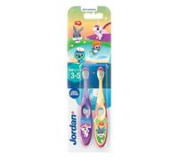 Jordan ® | Step 2 Toothbrush for Children | Toothbrush for Ages 3 to 5 Years | Soft Bristles, Double Ergonomic Handle and BPA Free | Purple & Yellow | Pack of 2