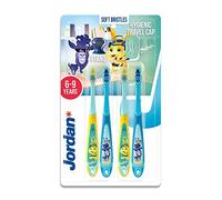 Jordan ® | Step 3 Toothbrush for Children | Toothbrush for Ages 6 to 9 Years | Soft Bristles, Double Ergonomic Handle & BPA-Free | Blue & Yellow | Pack of 4