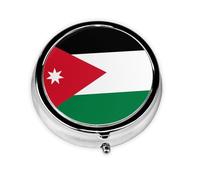 Jordanian Flag Round Mini Pill Box: 3-Compartment Portable Metal Pill Organizer with Snap Closure, Ideal for Daily Travel Use