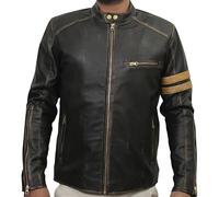 Jorde Calf Men’s Vintage Cafe Racer Retro 2 | Black Retro Moto Distressed Genuine Leather Jacket| Vintage Style Motorcycle Black Jacket (Golden Stripe, L)