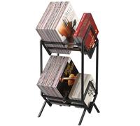 JORDFY Vinyl Record Storage Rack, 2 Tier Vinyl Record Holder180-200LPs, Black Metal Display Stand with Dividers，Baffle Protection Organizer Shelves Organize Albums/Books/Magazines/Files