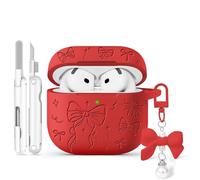 Joremx for Airpods 4 Case Cover, Joremx Cute Bow Engraved Silicone Protective Case Cover with Keychain, Cleaner Kit for AirPods 4th Generation Case 2024 (Red)