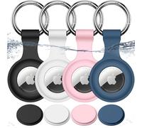 Joremx Waterproof Case for Apple AirTag Keyring, Silicone for AirTag Pendant for Keys/Suitcase/Dog Collar/Children, Set of 4 (Black + White + Pink + N Blue)