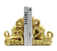 JoResona Gold Octopus Bookends, Nautical Decorative Resin Book Stoppers, Unique Ocean Animal Book Holders for Office Living Room Shelf, Gift for Marine Enthusiasts