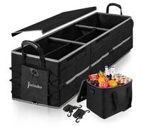 Jorindes Collapsible Car Boot Organiser with Insulated Leak proof Cooler Bag, 3 Compartments 5 in1 Car, SUV Cargo Storage Organizer with Removable Dividers, Foldable Lid, 2 Tie-Down Straps, Black