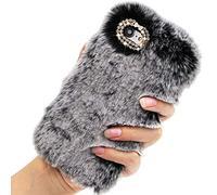 Jorisha Plush Case for Samsung Galaxy S22 Ultra 5G,Cute Furry Rabbit Fur Hair Winter Warm Fluffy Fuzzy Cover Bling Crystal Diamond Soft Silicone Phone Case for Girls Women,Dark Gray