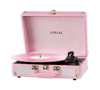JORLAI Pink Vinyl Record Player 3 Speeds Portable Suitcase Turntable with Built-in Dual Speakers, Bluetooth Gramophone with Built-in Battery 3.5mm Aux Input/RCA Output