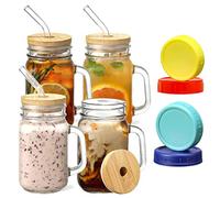 JORTINE Drinking Glasses with Lid and Straw, Cocktail Glasses, Smoothie Glasses Set, 400 ml Mason Jar Drinking Glass, Cocktail Glasses, Glass Cups, Preserving Jars with Handle for Water, Coffee