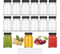 JORTINE Pack of 15 60 ml Shot Bottles for Filling, Small Glass Bottles with Lids and Labels, Mini Glass Bottles, Ginger Preserving Jars, Reusable, Wide Mouth Shot Glasses for Juice, Smoothie, Spices
