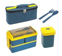Jorunhe Double Layer Bento Lunch Box Set 1400ml with Insulated Bag Soup Cup Fork and Spoon Dishwasher Microwave Safe Containers with 3 Removable Compartments and Cutlery (Blue)