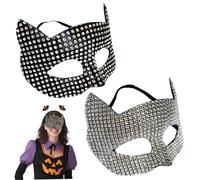 Jorzer 2Pcs Cat Woman Mask Half Face Rhinestone Cat Costume Women Fashionable Cosplay Mask for Halloween Masquerade Black + Silver Woman Rhinestone Cosplay ..