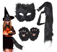 Jorzer 3PCS/Set Fox Costume Halloween Furry Therian Mask and Tail & Paws Gloves, Plush Fluffy Cat Wolf Furry Costume for Cosplay Party Halloween Masquerade, Black Toys And Games.