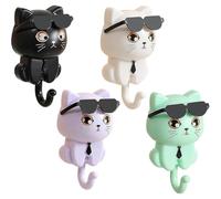 Jorzer 4Pcs Cute Wall Hooks Self-Adhesive Cat Key Holder Heavy Duty ABS Plastic Cat Wearing Sunglasses Cute Key Holder for Coat, Bag, Hat, Towel Wall Hanging Decorations Cute Wall Hooks