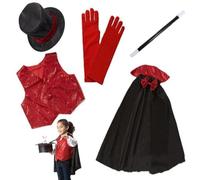 Jorzer 5Pcs/Set Magician Costume Kids Pretend Play Role Play Cloth Magician Set Includes Hat Vest Wand Cape Glove Kids Dress Up Costumes for Halloween Party Stage Magicia