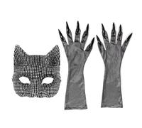 Jorzer Cat Mask with Gloves Half Face Sexy Shiny Rhinestone Cat Woman Mask 3Pcs/Set Fashionable Cosplay Accessories for Halloween, Dance Party.