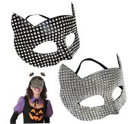 Jorzer Cat Woman Mask, Rhinestone Cat Costume Women 2Pcs Half Face Cosplay Mask for Halloween, Masquerade, Black + Silver