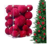 Jorzer Christmas Balls Velvet Christmas Ornaments 35Pcs Flocked Shatterproof Xmas Tree Ornaments Assorted Decorative Hanging Balls with Loop for Home Holiday Party, Red