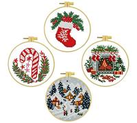 Jorzer Cross Stitches Christmas Ornaments 4Pcs/Set Christmas Embroidery Kit with Patterns & Tools Fireplace Stocking Village Candy Cane Needlepoint Kit for Beginners Adults