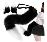 Jorzer Fox Ears and Tail Set 25.6'' Long Fox Tail and Ears Hair Clip Fluffy Furry Therian Gear Costumes for Cosplay Party Masquerade Halloween Black.