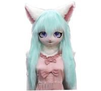 Jorzer Furry Head, Full Head Furry Mask with Big Eyes, Ears & Green Long Hair, Animal Fursuit Mask Costume for Halloween Masquerade Cosplay Costume Props