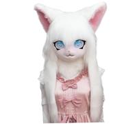 Jorzer Furry Head, Full Head Furry Mask with Big Eyes, Ears & White Long Hair, Animal Fursuit Mask Costume for Halloween Masquerade Cosplay Costume Props