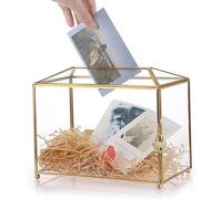 Jorzer Gold Card Box with Lock and Slot, 10x6x8 Inch Clear Glass Card Box with Non Slip Feet for Wedding Receptions, Bridal Shower, Birthday Party for Wedding