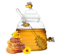 Jorzer Honey Pot and Drizzler Honey Jar Glass Beehive Honey Pot with Dipper and Lid Glass Honey Bottle Honey Container for Home Kitchen Accessories 250ml (L)