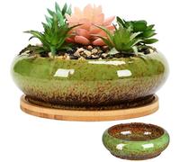 Jorzer Lotus Bowl Planter Ceramic Glazed Lotus Bowl 7x2in Round Decorative Shallow Hydroponic Planter Without Drain for Water Lily, Green