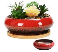 Jorzer Lotus Bowl Planter Ceramic Glazed Lotus Bowl 7x2in Round Decorative Shallow Hydroponic Pot Without Drain for Water Lily, Red