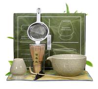 Jorzer Matcha Whisk Set 7Pcs/Set Ceramic Ceremonial Tea Kit Japanese Matcha Tool Collection Includes Bamboo Whisk, Spoon, Holder, Bowl, Sifter, Cloth, Spoon Holder