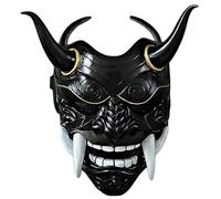 Jorzer Oni Mask Scary Full Face Latex Japanese Hannya Mask with Fangs and Ox Horn 11x9.5 Horror Devil Masks for Halloween Masquerade Cosplay Props Black Game Toys.