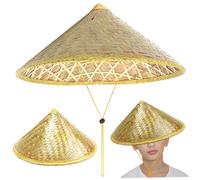 Jorzer Rice Hat, Chinese Oriental Conical Bamboo Hat with Adjustable Rope, 14 Inch Weave Rice Straw Tourism Rain Cap for Farmer Fishing, Light Yellow Summer Accessory