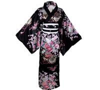 Jorzer Yukata for Women Floral Pattern Japanese Kimono Silky Comfortable Skin-Friendly with Kimono Belt Kyoto Traditional Blossom Robes for Party Cosplay Props (Black)