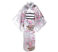 Jorzer Yukata for Women Floral Pattern Japanese Kimono Silky Comfortable Skin-Friendly with Kimono Belt Kyoto Traditional Blossom Robes for Party Cosplay Props (White)