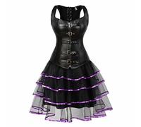 Josamogre Corset Bustier Dress Steampunk Leather Gothic Shoulder Straps Skirt Tutu Set Burlesque Shoulder Straps Plus Size Black Purple 2XL