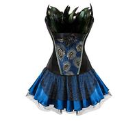 Josamogre Corset Dress Bustier Skirt Set Women Sexy Peacock Nobility Feather Flower Plus Size Burlesque Rhinestone Black Blue XS
